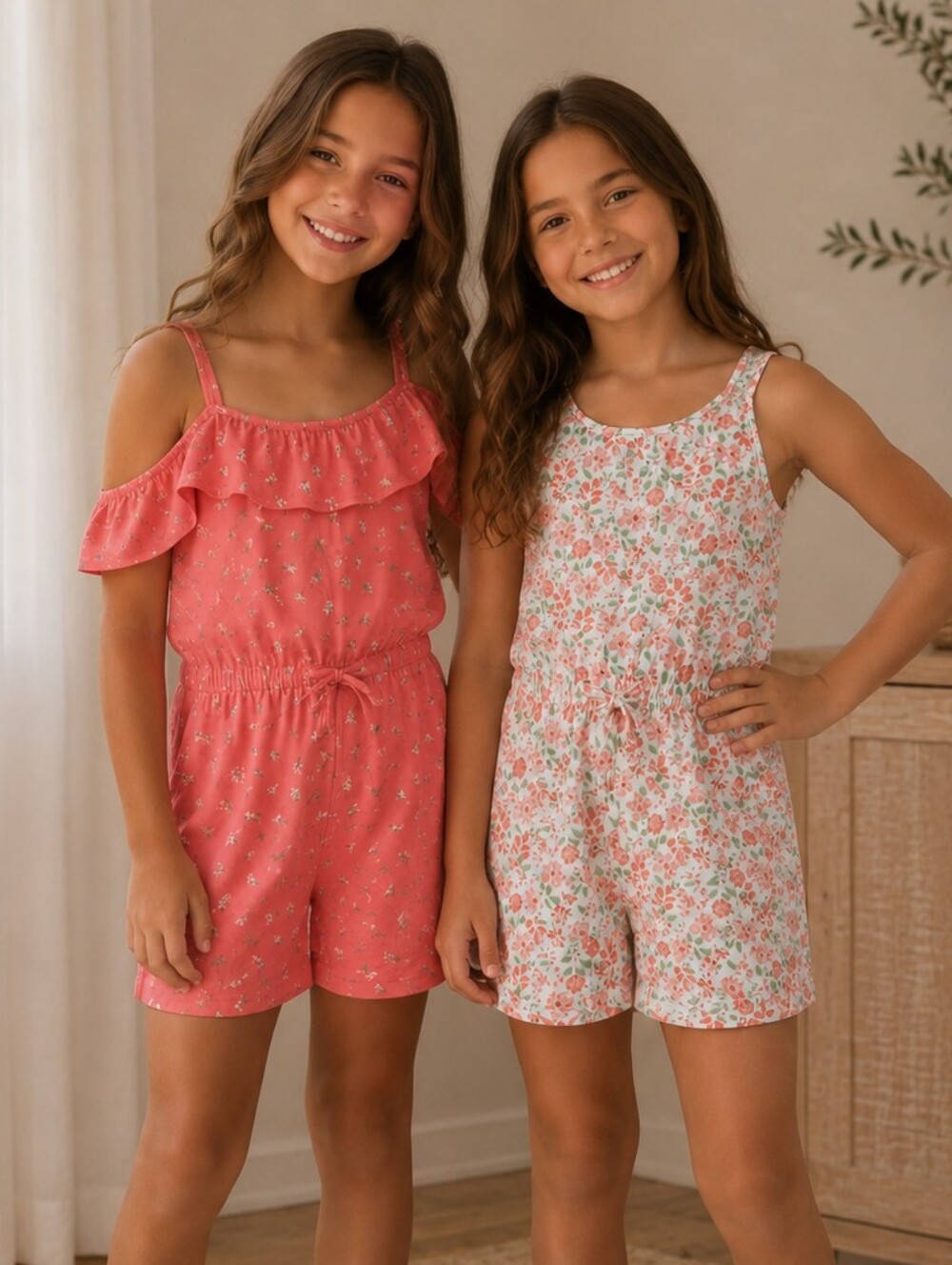 2 Rompers Picapino Girls Coral & Floral Romper Duo – Soft Summer Jumpsuits